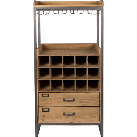 Meuble bar et range-bouteilles avec 2 tiroirs en sapin et métal (1/5)