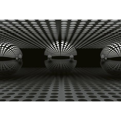 Papier peint panoramique graphique noir et blanc | Tapisserie panoramique sphère métallique | Papier peint panoramique pour bureau - 384 X 260 cm (8 pièces) (1/2)