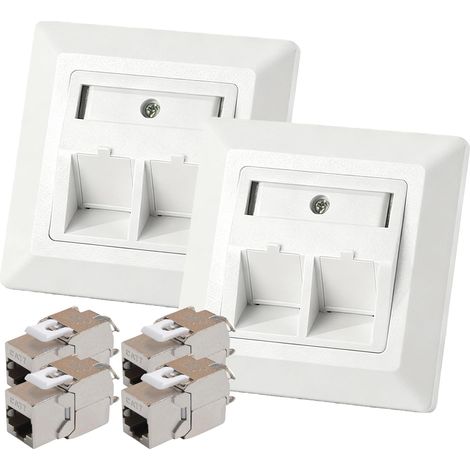 Lot de 2 prises réseau CAT7 encastrées à 2 ports avec 4 modules Keystone CAT7 RJ45 LAN Ethernet blindés 10 Go pour réseau, installation domestique et bureau, blanc (1/5)