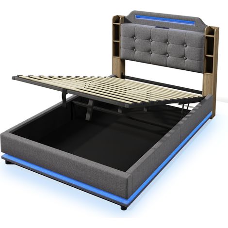 Lit coffre 140x200 lit capitonné gris avec éclairage LED, tête de lit avec rangements et ports USB/Type-C, en tissu lin (1/5)