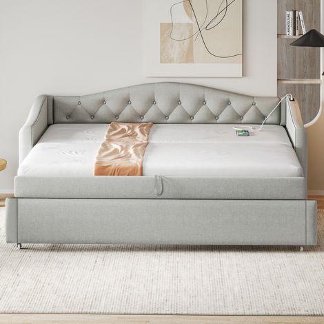 Lit enfant 90x200 cm avec lit gigogne 90x190 cm, prise USB et sommier à lattes, sans matelas, tissu en lin, gris