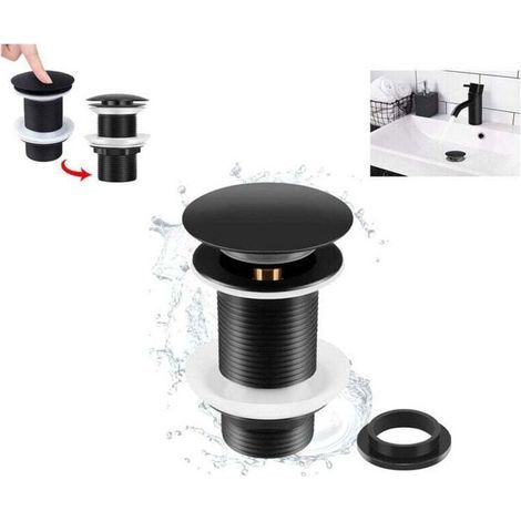 Enowelir Piletta di scarico a scomparsa nera per lavabo senza troppopieno, Piletta di scarico universale nera per lavabo, Tappo di scarico senza troppopieno, Piletta di scarico automatica a scomparsa (1/4)