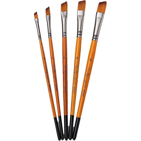 Ensemble de 5 pinceaux en nylon à pointes biseautées (tailles 2, 6, 8, 10 et 12) pour aquarelle, acrylique et peinture à l'huile. Manche en bois lisse et résistant. (1/4)