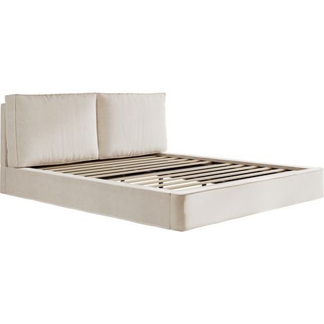 Cama doble 160 x 200 cm de chenilla beige con somier y cabecero acolchado (1/5)