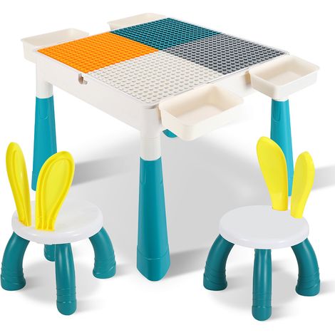 Randaco Multifunktionaler Kinderspieltisch mit 2 Stühlen und 251 Bausteinen, Aktivitätstisch 51x51 cm für Kinderzimmer
