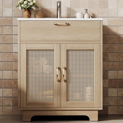 Meuble-lavabo sur pied avec vasque en céramique, avec tiroir relevable et 2 portes amorties, piètement haut orné de rotin, finition bois — Naturelle (1/5)