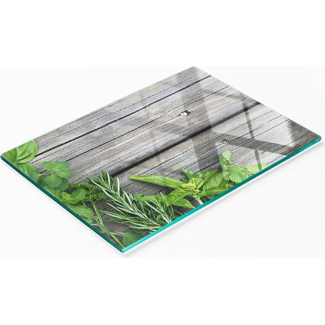 Tavola decorativa multifunzionale in vetro temperato con inserti in legno ed erbe aromatiche, 80x52 cm. (1/5)