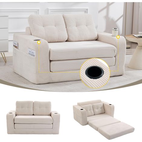 Canapé deux places en velours côtelé avec porte-gobelets et poches latérales, pouf double convertible, canapé deux places sans cadre avec coussins et dossier matelassés, grand pouf (velours côtelé bei