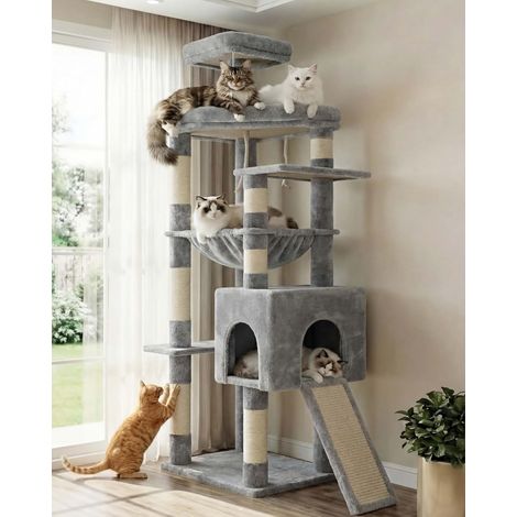 Arbre à Chat Robuste 163 cm, Structure élargie Grandes Plateformes. Arbre a Chat avec hamac XXL, griffoir sisal intégré. Couchage et mobilier pour Chats, Design Stable, Gris Clair HCT027W (1/5)