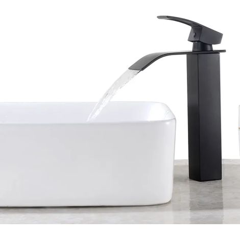 Mitigeur Robinet Lavabo Cascade Noir Moderne, Robinetterie Salle de Bain pour Vasque à Poser, Mélangeur Élégant pour Lavabo, Compatible avec Lavabo (1/4)