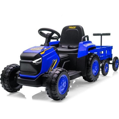 12V Tracteur Électrique Enfants - Pelle & Remorque Amovible, 6 Pneus & LED & Klaxon, Télécommande 2,4G,Bleu (1/5)
