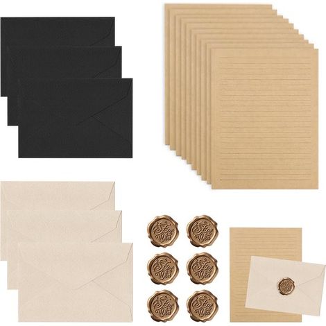 Set di cancelleria da 22 pezzi: carta vintage, buste vintage, set di carta kraft con carta da lettere e buste. Buste extra spesse con finiture in lino. (1/5)