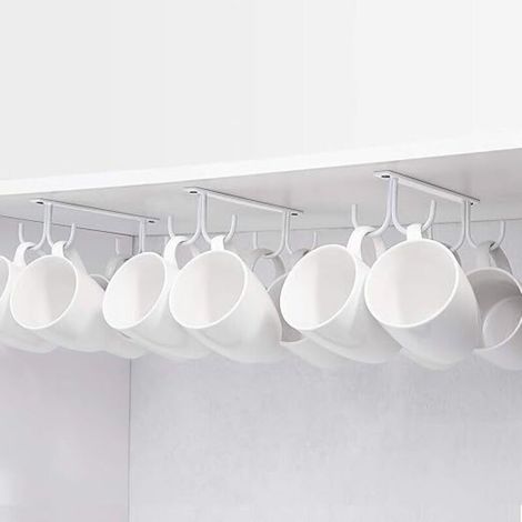 Lot de 3 Supports pour Tasses,Café Blanc,Porte-Tasses Suspendu sous Placard, Crochets de Rangement en Métal sous Armoire, Étagère, Cabinet, avec 4 Vis, , Mugs, Verres à Bière, Ustensiles pour Cuisine (1/4)