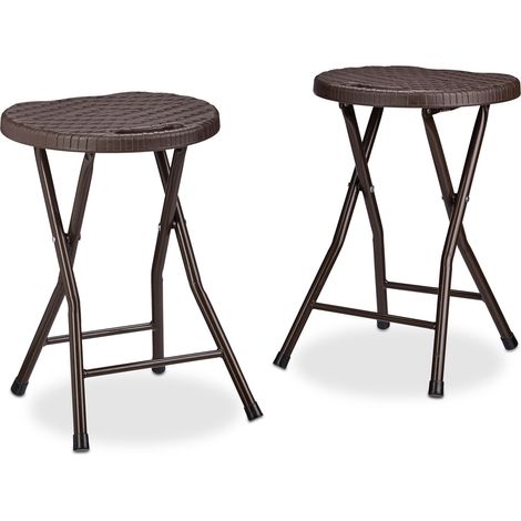 Relaxdays BASTIAN Round Folding Stool, Foldable, Plastic, Rattan Look, Waterproof, HxWxD: 45 x 32.5 x 29 cm, Brown