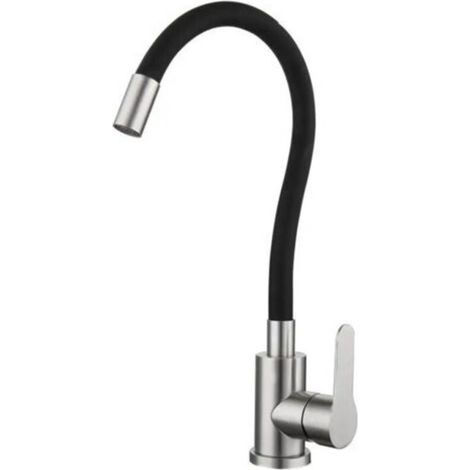 Robinet de cuisine flexible avec bec haut pivotant, mitigeur d'évier monotrou, chrome et noir, eau chaude et froide (tuyau flexible) (1/4)