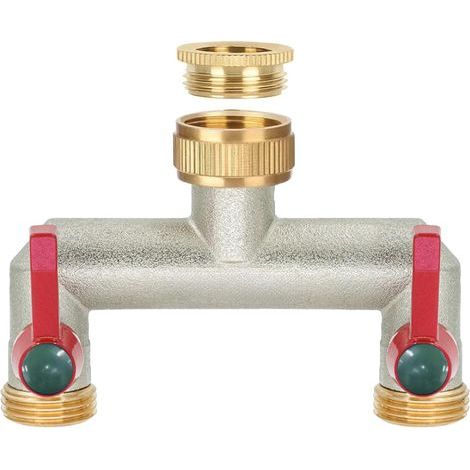 Répartiteur de Robinet de Jardin en Laiton, répartiteur de Tuyau 1/2" et 3/4", connecteur de Tuyau de Robinet à 2 Voies avec vannes et poignée étendue, Montage sur Deux minuteries d'eau (1/5)
