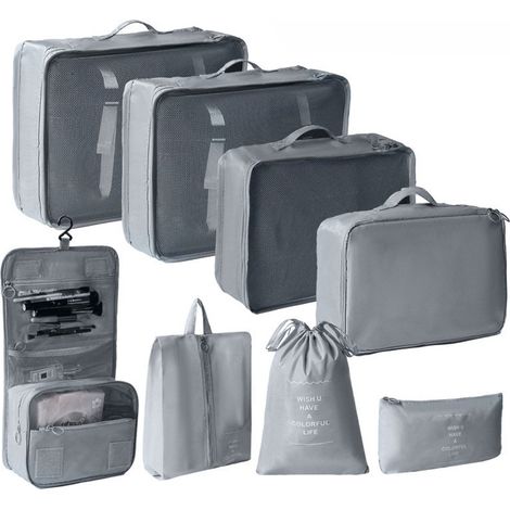 Organisateur de valise, bloc de rangement 8 pièces, blocs de rangement, ensemble d'organisateurs de valise, organisateur de valise, organisateur de voyage, sacs de rangement pour valises, gris (1/4)
