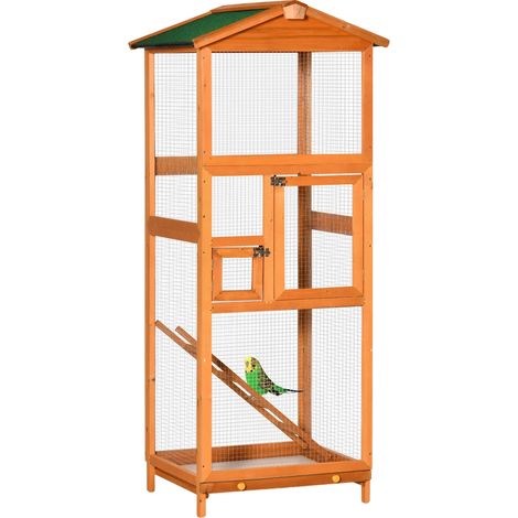 Cage à Oiseaux, Construction en Bois de Sapin, Design Facile à Nettoyer, Bois Naturel, 68x63x165 cm (1/2)