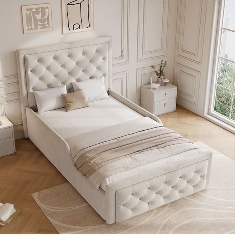 Cama infantil 90 x 200 cm con arcón hidráulico, somier, cabecero, terciopelo beige (1/5)