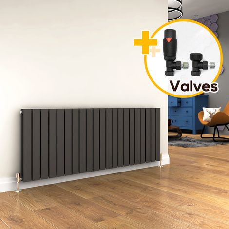 ELEGANT 600 x 1596 mm Horizontal Column Radiator Double Flat Panel Anthracite Designer Radiators + Anthracite Thermostatic Radiator Valves