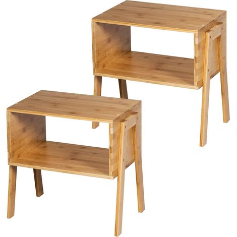 GOPLUS Lot de 2 Tables de Chevet en Bambou avec 1 Etagere Ouverte, Lot de 2 Table de Nuit Empilable, Construction Robuste, Tables d'Appoint Polyvalentes, pour Chambre, Salon, Bureau, 40X29X42 CM (1/5)