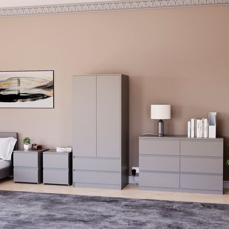 4 Piece Denver Bedroom Set, 2 Drawer Large Bedside Chest x2, 6 Drawer Chest, 2 Door 2 Drawer Wardrobe, Grey (1/3)