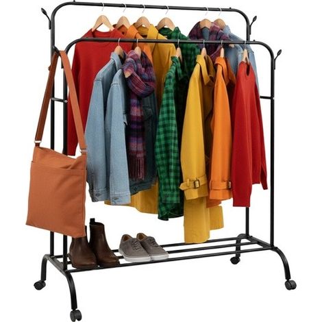 Portant à vêtements double sur roulettes, avec étagères, robuste et portable (1/5)