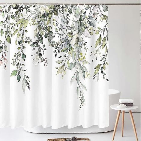 Rideau de douche à motif floral et aquarelle d'eucalyptus vert, 180 x 180 cm (71 x 71 pouces). (1/3)
