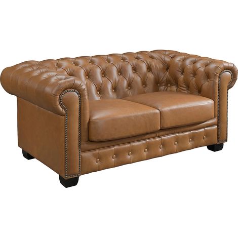 Canapé chesterfield 2 places BRENTON 100% cuir de buffle premium - Caramel vintage (1/3)