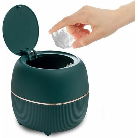 Mini poubelle de bureau ronde avec couvercle, plastique, pour la maison, la cuisine, la salle de bain, le bureau (vert) (1/5)