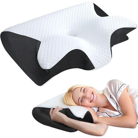Bardusch-Oreiller cervical 2 en 1 mémoire de forme, pour dos/côté, noir et blanc (1/5)