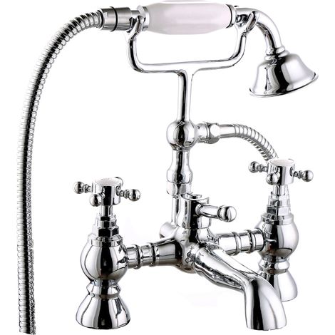 Traditional Bath Shower Filler Mixer Tap & Bathroom Shower Head Set Chrome Brass (1/4)