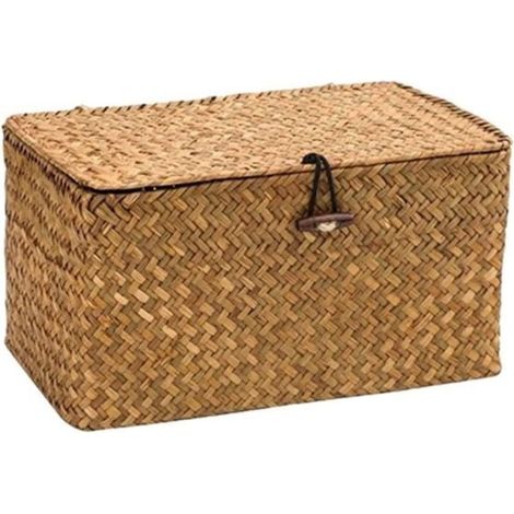 Boîte de rangement - Panier de rangement - Organiseur - Boîte de tri - Avec bouton - Avec couvercle - Rotin - 26 x 16 x 10 cm