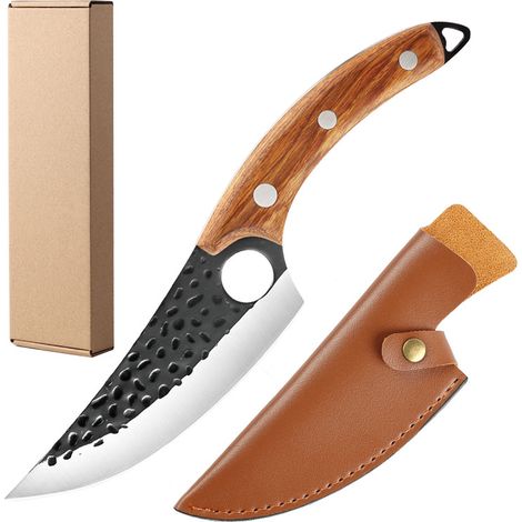 Machette cimeterre forgée main manche bois rose Abattage, désossage, découpe viande, poisson, porc, mouton Étui cuir PU et boîte cuir vachette inclus (1/5)