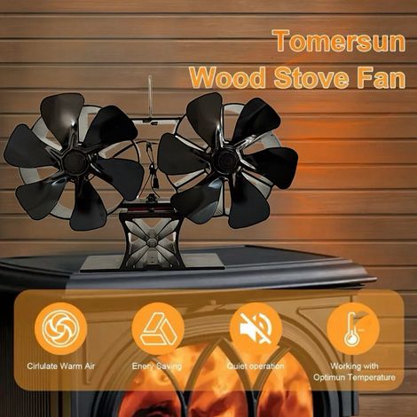 Ventilatore per stufa a legna a doppia testa e sei pale, ventilatore per camino azionato termicamente, efficiente circolazione dell'aria calda, accessorio per stufa silenzioso, adatto per stufe a legn