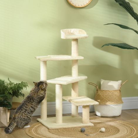 PawHut Kratzbaum 100 cm Katzenturm mit Sisalstämme, große Plattform, mehrstöckiger Katzenkratzbaum, Kletterbaum, für kleine & mittelgroße Katzen, Beige