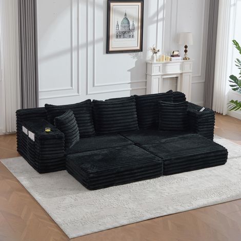 Divano letto in velluto a coste nero 273x98x87 cm, comprimibile, con tasche laterali e portabicchieri (1/5)