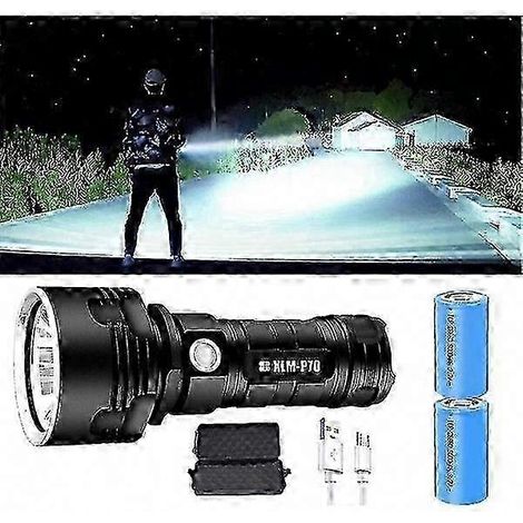 Lampe torche P70 à LED, 3000-10000 lumens, rechargeable, ultra-lumineuse, performance élevée, faisceau fixe longue portée, noir, usage extérieur et professionnel. (1/5)