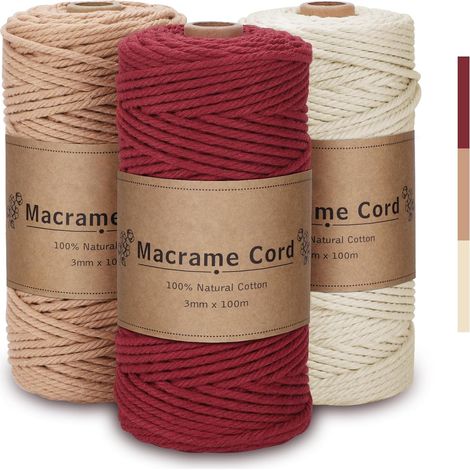 Corde Macramé 3mm x 100m, Set de 3 - Fil Coton Naturel 4 Fils pour Tenture Murale, Suspension de Plantes et Décoration Boho (Beige, Rouge Brique, Bordeaux) (1/5)