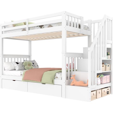 Letto a castello 90x200 cm con scala a scaffale, due cassetti e sponde alte, bianco, per cameretta, struttura in pino e MDF CHICFURN (1/5)