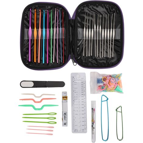 Kit de 100 outils pour tricoter des pulls : 22 aiguilles à crochet en métal, outils de couture et accessoires de bricolage (violet). (1/5)