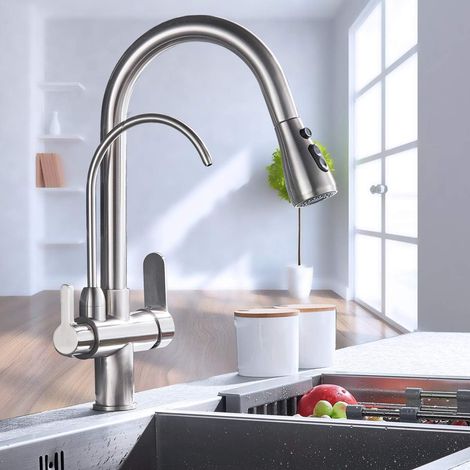 3 Way Kitchen Faucet, 3-in-1 Mixer Tap for Water Filter, 360° Rotating Kitchen Faucet, Extendable Kitchen Faucet with Spray Head, Drinking Water Faucet with 2 Levers, Chrome (1/5)