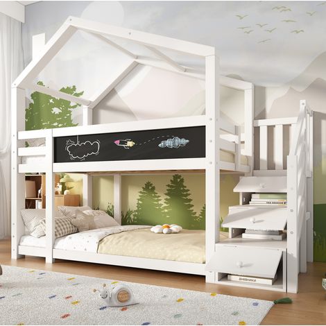 Lit superposé cabane 90x200 cm blanc en bois et panneau de particules avec tableau et rangements (1/5)