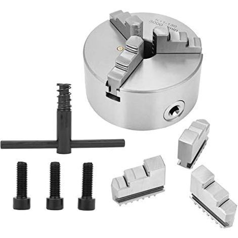K11-130 Mandrin de Tour Auto-centrage 3 Mâchoires 130 mm de Diamètre avec Clé à Molette, 3 Vis, 2 Jeux de Mâchoires (1/5)