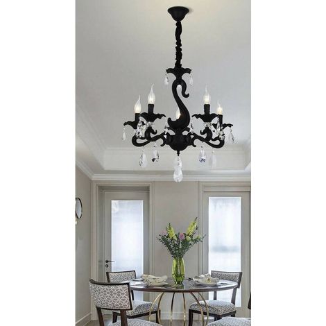 TRADE SHOP - Lampadario Classico Attacco E14 5 Bracci Con Pendenti In Acrilico Lampada A15-5 - Nero (1/2)