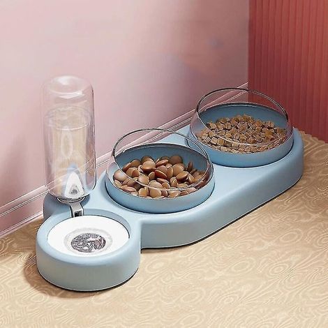 Automatischer Katzenwasserspender, Doppelnapf mit integriertem Wasserspender, Futterspender (Hund, Katze) – Blau (1/5)