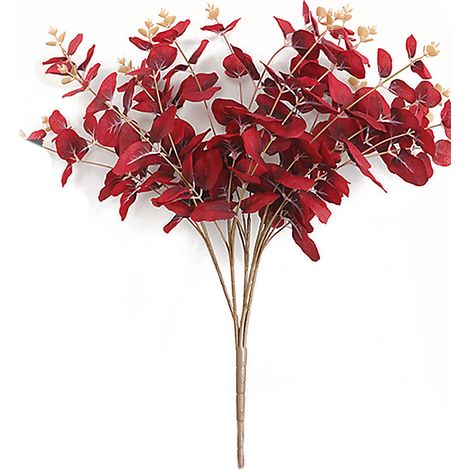 Faisceau De 5 Branches D'Eucalyptus Et Herbe À Monnaie, Marqueurs De Allée De Mariage, Décoration Intérieure Fausse Fleur - Rouge (Matériau: Tissu Soie, Tiges Plastique, Fil Longueur Totale Du Faiscea (1/2)