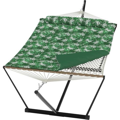 Hamac Double avec Support Pliable - Toile Rembourrée Luxe Résistante - Structure en Acier Robuste - Charge Lourde - Vert (1/5)
