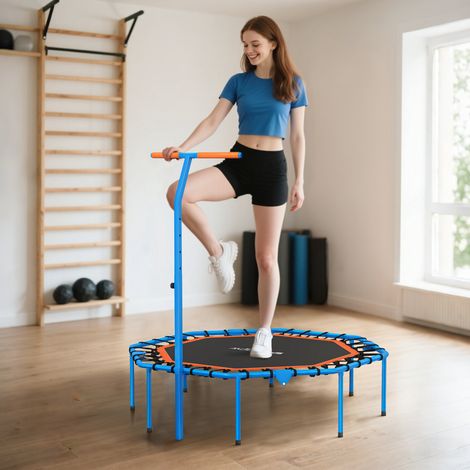 Trampoline de fitness, trampoline d'entraînement avec barre de maintien réglable, stable et silencieux, pour une utilisation en intérieur, en acier, bleu