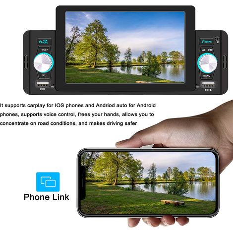 Autoradio MP5 da 5 pollici con Bluetooth, radio FM, compatibilità con CarPlay e Android Auto, chiamate in vivavoce, ricarica USB/collegamento telefono, assistenza alla retromarcia e comandi al volante (1/4)